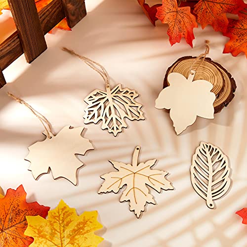 30 Pieces Fall Wood Cutouts Unfinished Wooden Leaves For Crafts Fall Blank Maple Leaf Wood Pieces Hanging Ornament With Hole 1 Rope For Thanksgiving Harvest Autumn Party Diy Decoration,5 Style #TOP2