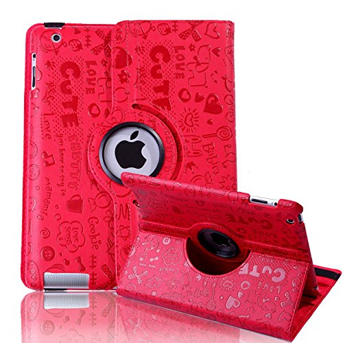 HDE iPad 2 iPad 3 iPad 4 Rotating Case 360 Degree Magnetic Cover Stand for 2nd 3rd 4th Generation iPad (Red Cartoon)