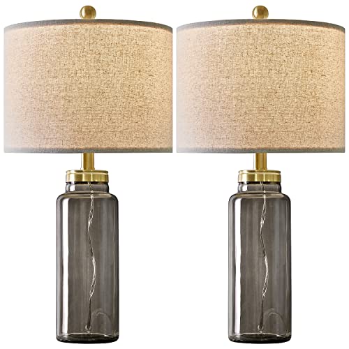 Bobomomo 24.5" Table Lamp Set Of 2 For Living Room Modern Bedside Lamps For Bedroom Glass Nightstand Lamp With Oatmeal Fabric Shade #TOP16