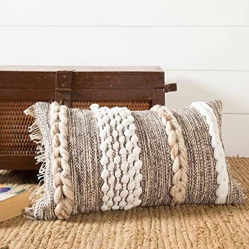 Extra Long Lumbar Pillow Cover (12 X 20 Inches) | Hand-Woven Cotton, Grey-White Pillow Linen Cover | Rustic Décor Boho Cushion Cover | Textured Farmhouse Pillow Case | Decorative Throw Pillow Dress #TOP2