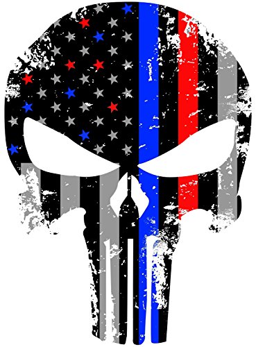 Red and Blue Tattered 4x3 Inch Subdued Us Flag Punisher Skull Reflective Decal with Thin Blue Line (Police and fire Support)