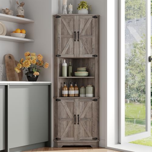 Halitaa 68.9\" Tall Storage Corner Cabinet, Farmhouse Style Storage Cabinet Barn Door Design with Adjustable Shelve Space Saver for Kitchen,Bathroom, Living Room, Dining Room (Gray)