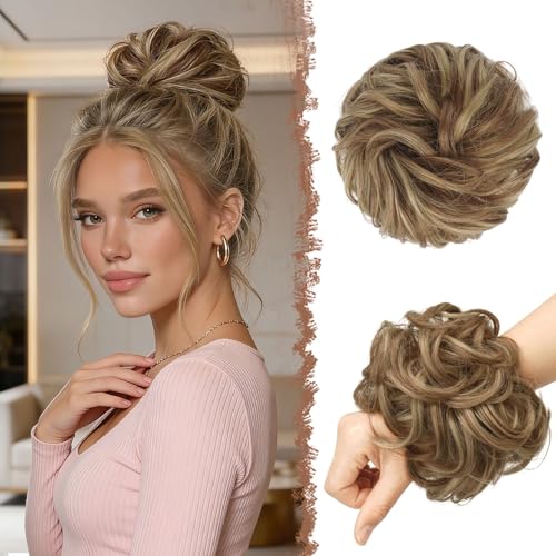 FESHFEN Messy Bun Hair Pieces - Large Wavy Curly Elastic Hair Bun Scrunchies Ponytail Extensions Synthetic Chignon Hairpieces for Women, Brown & Blonde 1.94oz