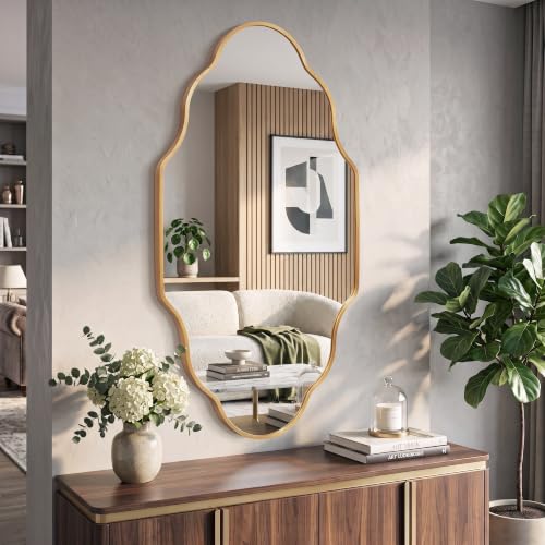 Image of Irregular Wall Mirror, Gold Scalloped Mirror | Brushed Metal Frame, HD Glass Decorative Mirror for Wall Decor, Vanity Mirror for Living Room Entryway (24 inch x 36 inch, 1 Pack)
