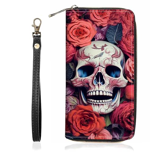 Skull Roses Print Wallet for Women Large Capacity Wallet Credit Card Holder PU Leather Zipper Clutch Purse Phone Wallet
