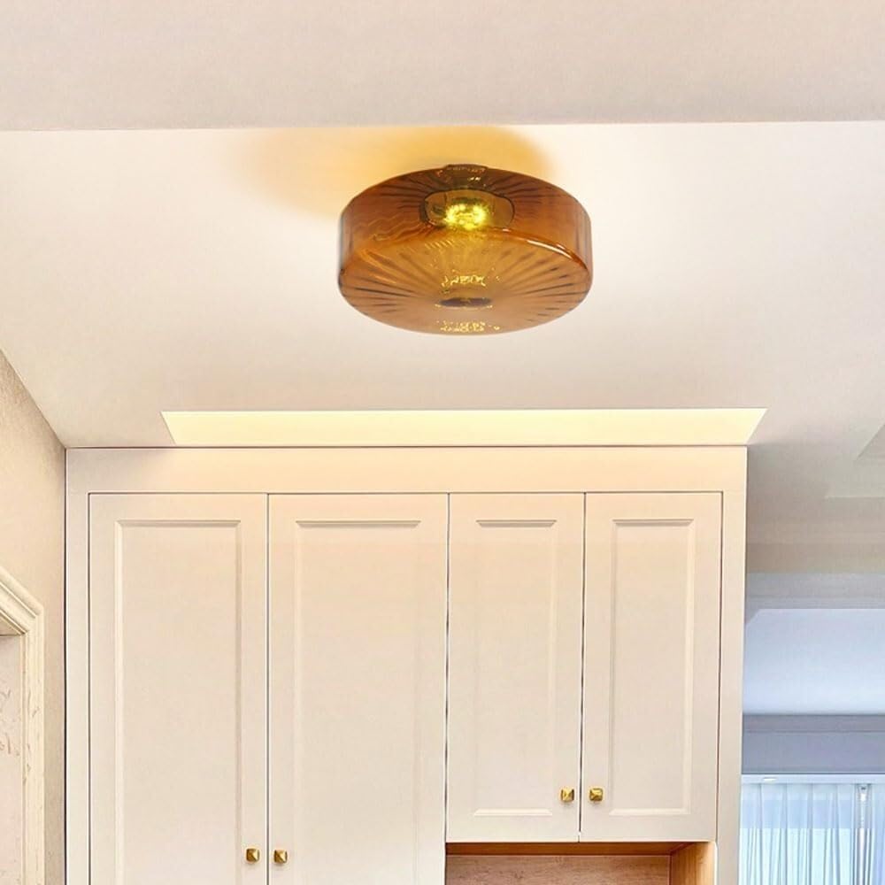 Chrome Mid Century Close to Ceiling Light Fixtures Minimalist Amber Glass Drum Flush Mount Ceiling Lamp Farmhouse Modern Round Chandelier for Living Room Bedroom Kitchen E27