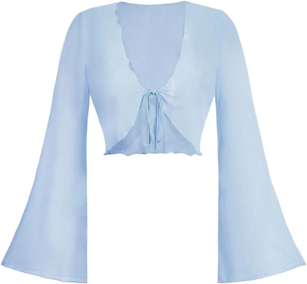 Floerns Women's Summer Long Sleeve Blouse Tops V Neck Tie Front Cute Crop Tops