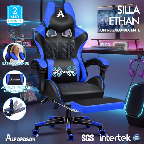ALFORDSON Silla Gaming con Masaje, reposapiés y Soporte Lumbar, reclinable 150°, Respaldo Alto para Gaming y Oficina, Capacidad de 180 kg, Cuero sintético, Azul - imagen 3