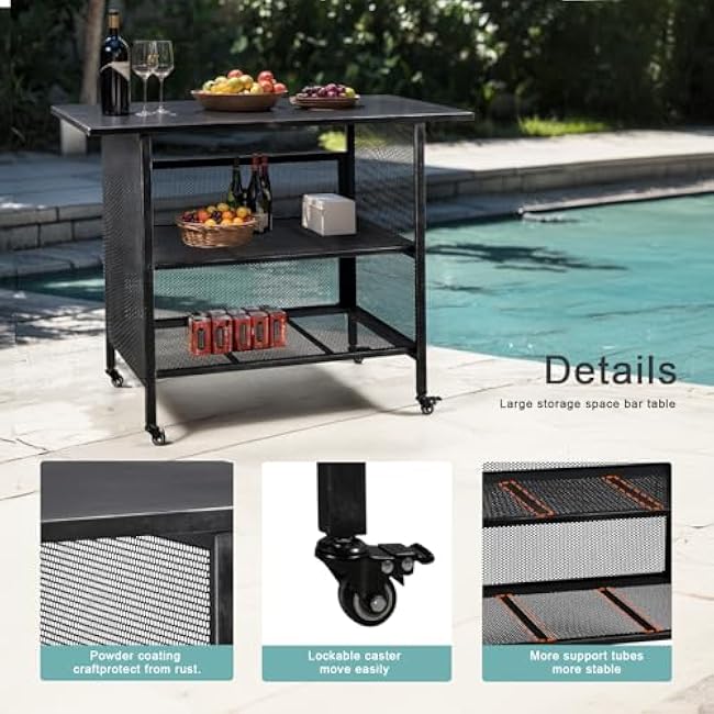 Industrial Kitchen Serving Cart, 3-Tier Metal Storage Trolley, 47.3 x 19.7 x 36.6 inches, Black with Wheels-Z9cTRaGm