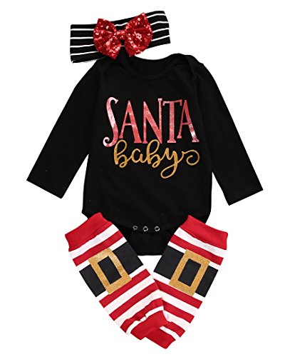 MA&BABY 3pcs Baby Girl Boy Cute Long Sleeve Romper Leg Warmers Hairband Outfits Christmas Set Black