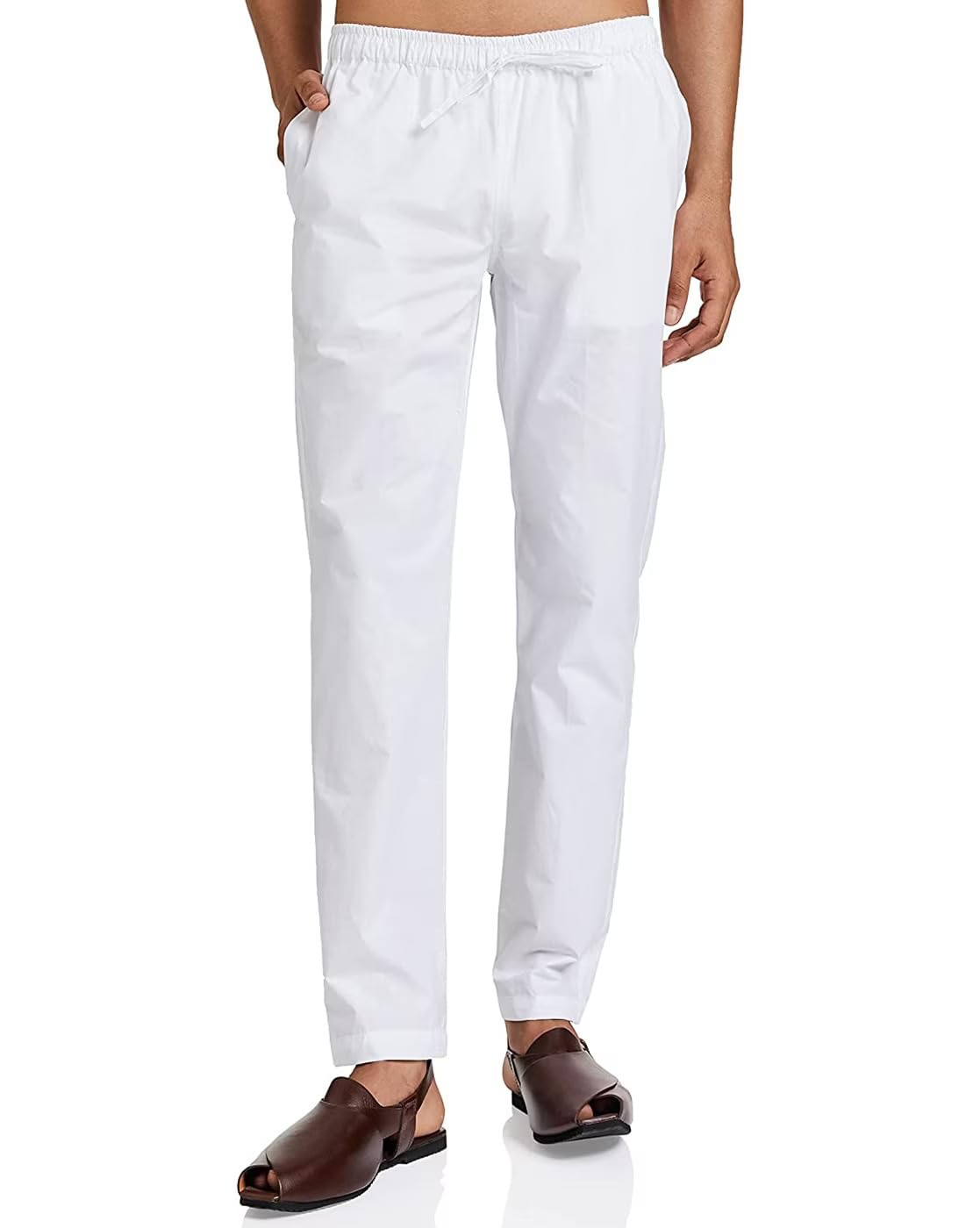 White Pocket Pyjama with Drawstring, Casual Straight Fit-image-1