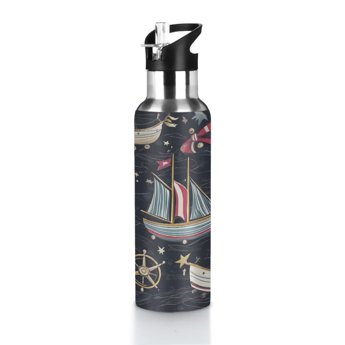 VQUVQV Nautical Anchor Boat Insulated Stainless Steel Water Bottle with Straw for Sports and Travel, 600ml Leakproof Gym Water Bottles for Men Women