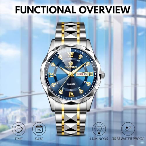 Image of LONGBO Zenith Diamond Analog Watch for Men Business Stainless Steel Watches Luxury Men's Wristwatch | Birthday Gift for Men | Gift for Husband | Gift for Brother