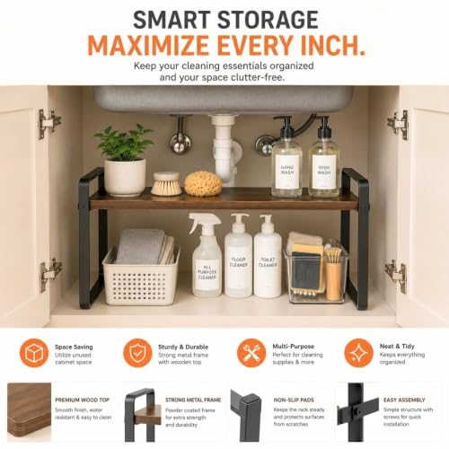 Image of Decorlay Metal & Engineered Kitchen Storage Rack, Wood Shelf, Countertop Organizer for Jars & Spices 40x23x19.5cm (Oak Frame Rack (Brown)