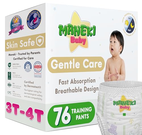 Image of Maneki Baby Hypoallergenic Potty Training Pants 3T-4T, 76 Count (26-37 lbs), Pull-On Diaper Pants & Training Underwear, Soft, Unscented & High Absorbency for Overnight & Daily Use (Pack May Vary)
