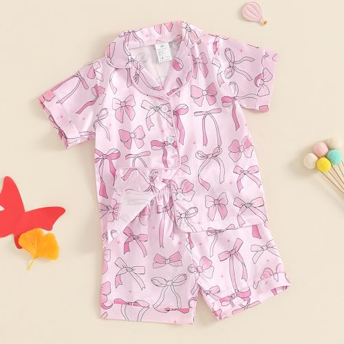 MAINESAKA Toddler Girls Pajamas Set Bow Print Short Sleeve Button Down Shirt Tops and Lounge Shorts Satin Silk Pjs Sleepwear2