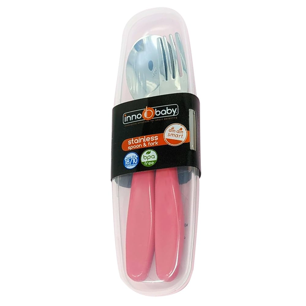 Innobaby Din Din Smart EZ Grip Spoon and Fork with Carrying Case, Utensil Set for Kids and Toddlers, BPA Free (Pink)