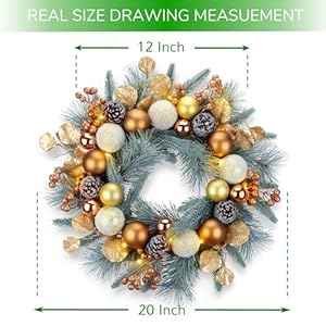 YULETIME 20 inch Christmas Wreath Battery Operated Holiday Wreath with 20 Fairy Lights Golden Baubles Golden Berries Pine Cones Golden Leaves Frosted Spruce Branches and Pine Needles Gold