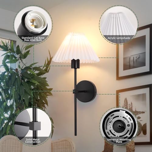 Image of Black Wall Sconces Sets of 2, White Pleated Fabric lampshade Matte Wall Lamp, Column Bracket Wall Lighting, Bathroom Dresser Hardwired lamp Fixture, Applicable to Living Room, Bedroom and Dining Room