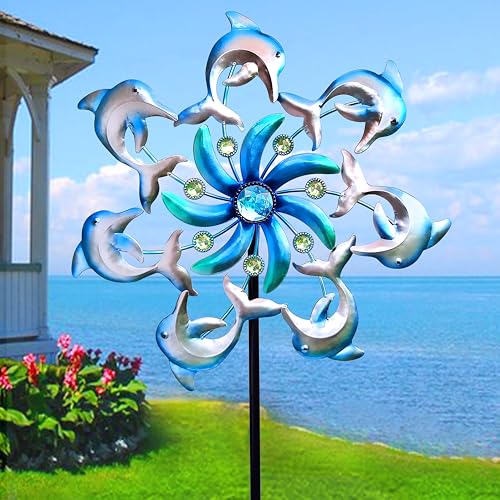 Qobumy Dolphin Wind Spinners Garden Stake, 39' Metal Dolphins Wind Spinner Outdoor Decorations- Outside Lawn Stake Wind Sculptures for Yard Patio,Lawn & Garden Art Decor