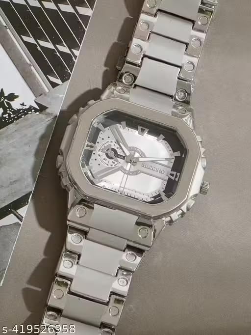 Image of Square Case Analog Watch, Silver Metal Bracelet, Skeleton Dial, Stainless Steel