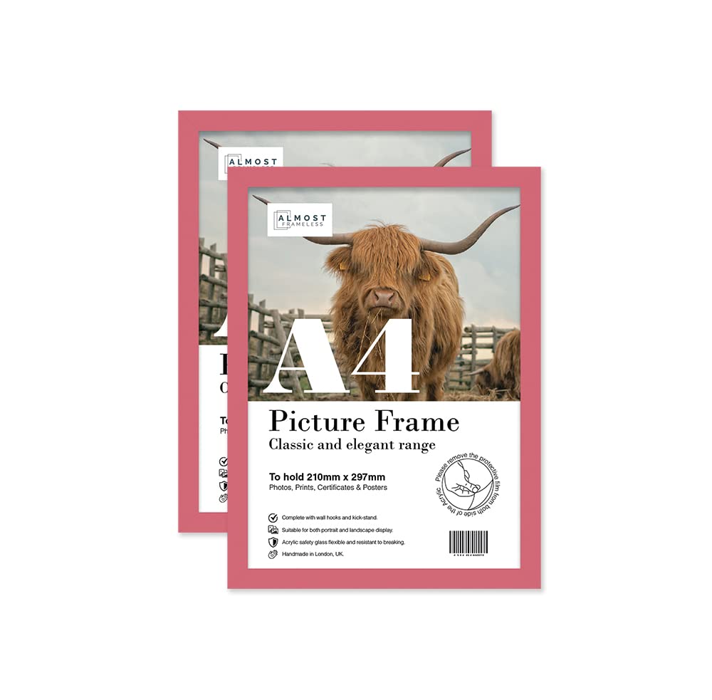 Almost Frameless A4 Pink Picture Frame Set of 2, Display A4 Picture Gallery Wall, Poster, Photo, Artwork, or Print, Pink