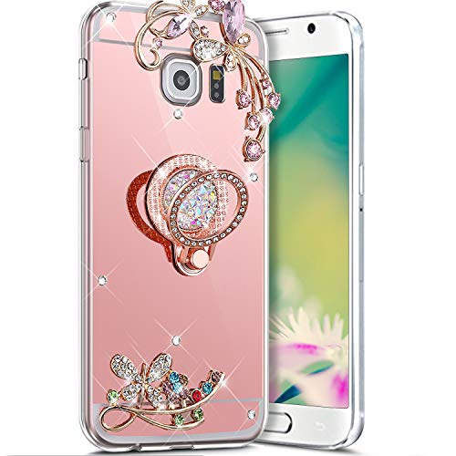 Robinsoni Case Compatible with Samsung Galaxy S6 Phone Case Silicone TPU Cover Galaxy S6 Flexible Case 360 Degree Rotation Ring Case Kickstand Cover Sparkle Bling Phone Cover Gel Soft Case Rose Gold