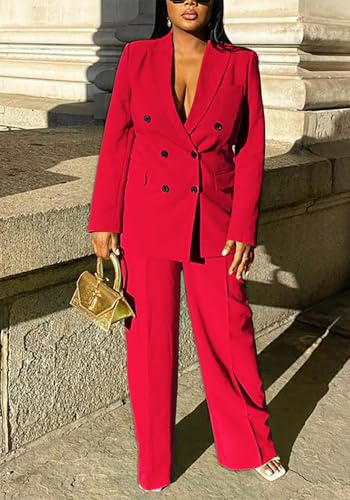 Vakkest Pant Suits for Women Dressy 2 Piece Outfit Business Casual Blazer Jackets and Wide Leg Work Office Slacks Set4