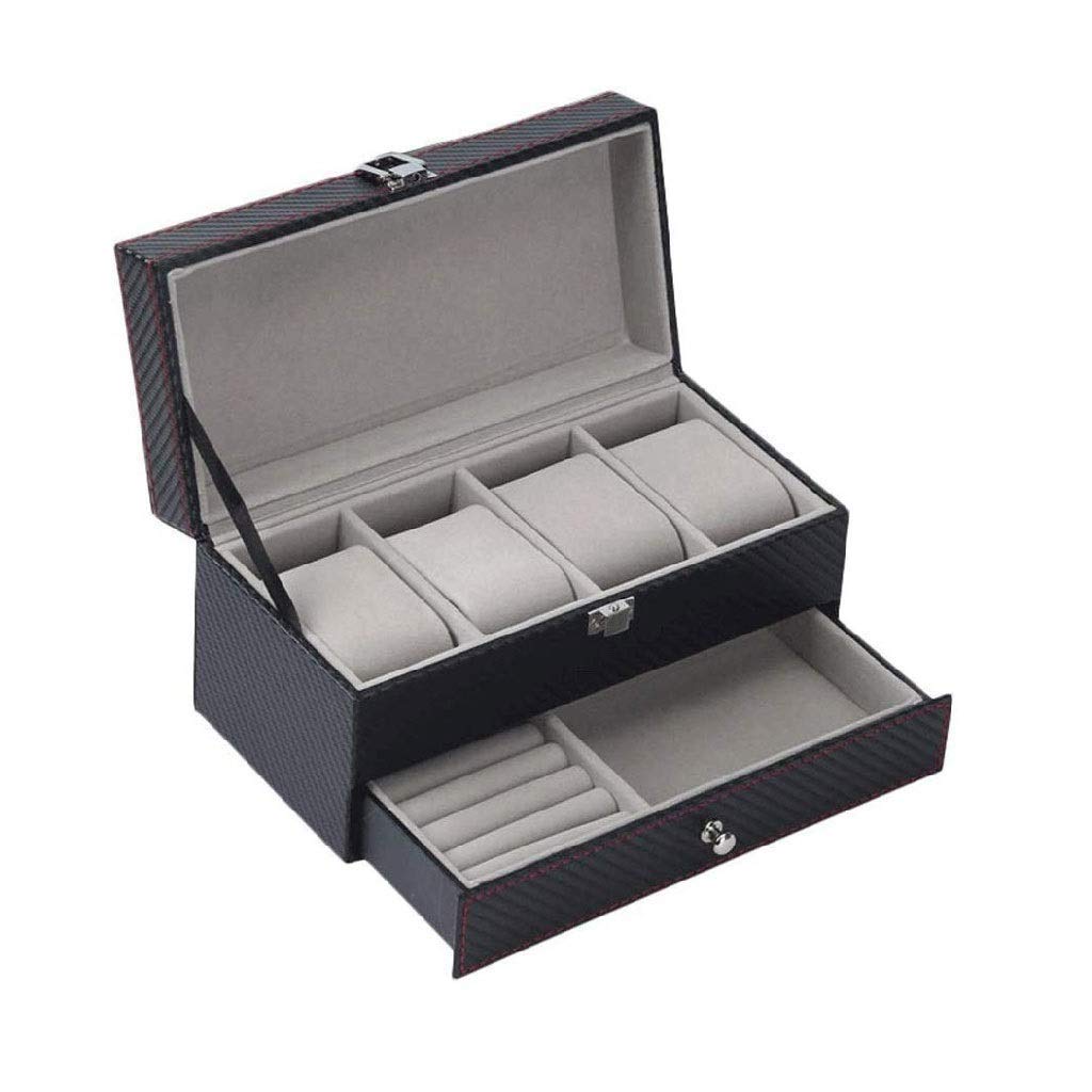 Schmuckschatulle – Uhrenbox-Organizer mit Valet-Schublade – Metallscharnier, Karbonfaser-Design, Weiß, Schwarz Present