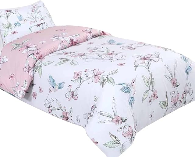 wilko Blush Humming Bird Floral Duvet Set Single, Polycotton Washable Reversible Duvet Set, W135 x D200cm
