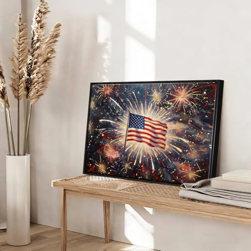Image of American Flag Framed Canvas Wall Art, 4th of July Red White Blue Canvas Prints, USA Flag with Fireworks Patriotic Decorations, Modern Independence Day Wall Decor for Bedroom Living Room 12x16