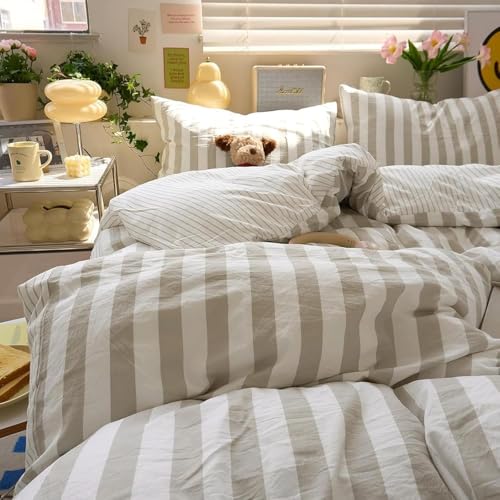 Image of Striped Duvet Cover Queen Size Khaki White Stripes Reversible Bedding Set Vertical Striped Duvet Cover Set Soft Lightweight Microfiber Quilt Cover with Zipper Closure and 2 Pillowcases
