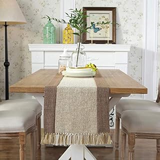 PHNAM Beige and Brown Rustic Table Runner with Tassels Linen Cotton Coffee Dining