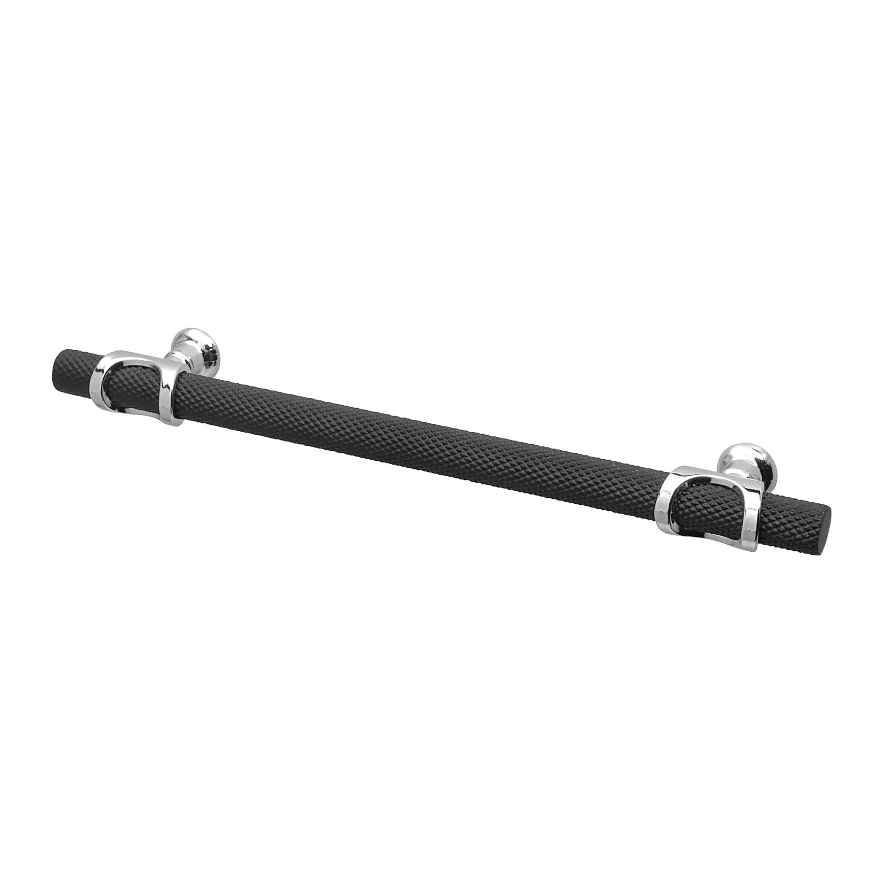 Decoranddecor Amelia - Knurled Cabinet Handles | Aluminium T-Bar Kitchen Cupboard Handles | Furniture Knobs | 128mm Hole Centre, Matt Black - Polished Chrome
