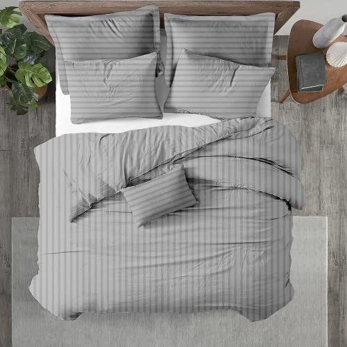 Striped Duvet Cover California King 100% Egyptian Cotton Breathable All Season 600 Thread Count with Zipper Closure & Corner Ties Soft Comforter Cover by Kotton Culture (Cal King/King, Silver)