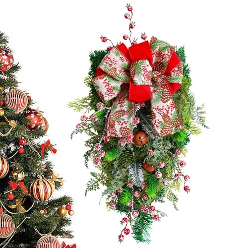 Botín de lágrima de Navidad,Corona de botín de Navidad - Corona navideña para puerta de 19,68 pulgadas con lazo Red Berry - Colgantes decorativos de campana navideña, colgador de corona para puerta, d