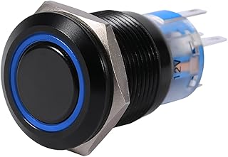 Interruptor de botão de trava de LED, interruptor de travamento automático interruptor de botão de travamento de metal preto Shell interruptor de botão de alta descarga 19 mm 12 V controle de trava LED liga/desliga (azul)