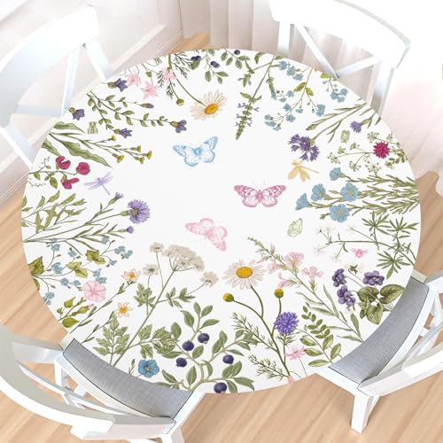 Spring Summer Floral Round Fitted Tablecloth with Elastic Edge,Water-Resistant Wipeable Sage Green Flowers Leaf Butterfly Table Cover for 40-44" Stretch Table Cloth for Dinner Indoor Outdoor Party by Czeservior - Used condition - US$8.99