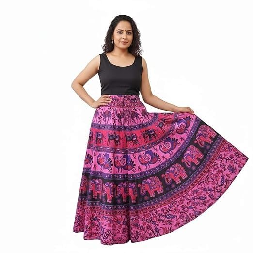 Image of HARSHITA-Enterprises Jaipuri Women's Cotton Printed Elastic Long Skirts