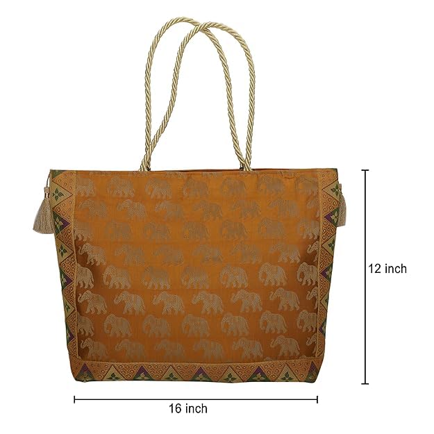 Image of Hand Purse | Traditional Hand Purse | Silk Wallet Hand Bag | Shagun HandPurse | Gifts HandBag | Golden Handle Tote Handbag | Brocade Shoulder Bag | 16 INCH