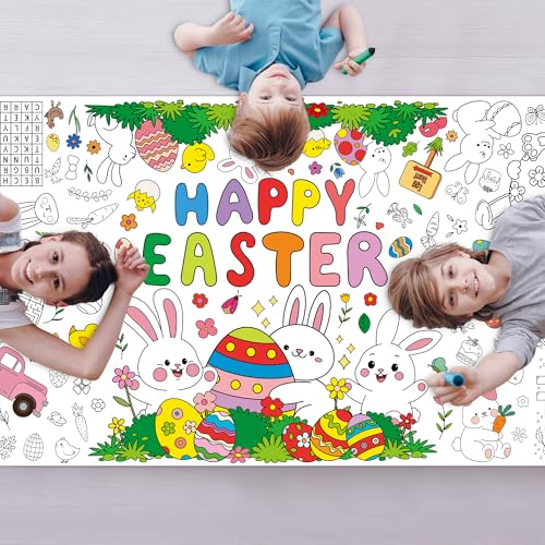 Image of Giant Easter Coloring Tablecloth, 54 inch x 108 inch Easter Crafts Table Cloth, Coloring Tablecloth Disposable for Crafts Party Decorations, Rectangular Painting Poster Banner Art Activities with Bunny Eggs