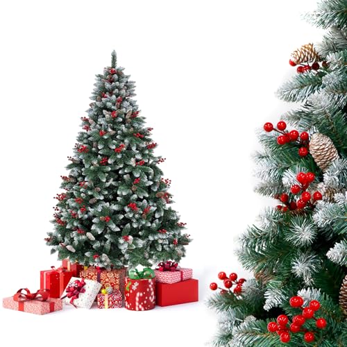 YOUDENOVA Albero di Natale artificiale con neve Albero di Natale artificiale 150 cm Albero di Natale con Ilex Coni di pino Neve Albero di Natale artificiale con sistema pieghevole a montaggio rapido