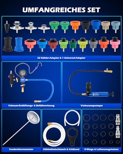 Orion Motor Tech Kühlsystem Abdrückgerät Set, 31-TLG. Master Kühlmittel Vakuum Befüllgerät mit 23 Kühler-Adaptern, Kühlsystem Entlüftungsgerät & Vakuum-Füllwerkzeug für PKW