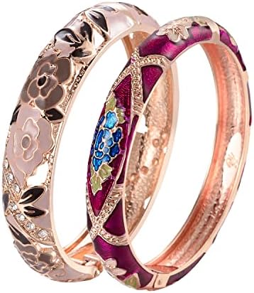 UJOY Vintage Cloisonne Bracelet Beautiful Flower Enamel Hinge Gold Plated Rose Bangles Jewelry for Women's Gifts 88C06 black purple