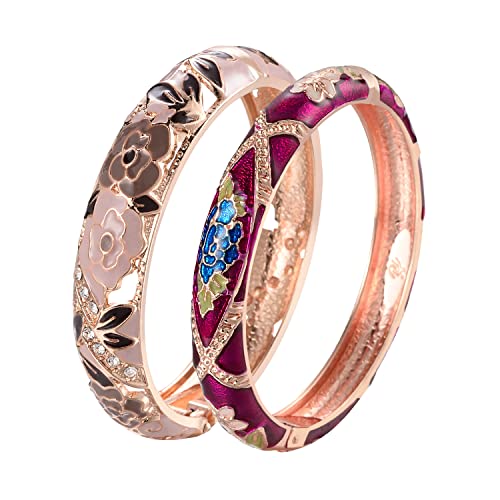Ujoy Vintage Cloisonne Bracelet Beautiful Flower Enamel Hinge Gold Plated Rose Bangles Jewelry For Women's Gifts 88C06 Black Purple #TOP12