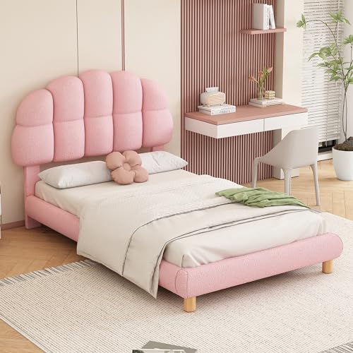 Wiuzo Cama individual, 90 x 200 cm, cama infantil, cama juvenil, cama tapizada, somier de láminas de madera, fieltro circular, color rosa