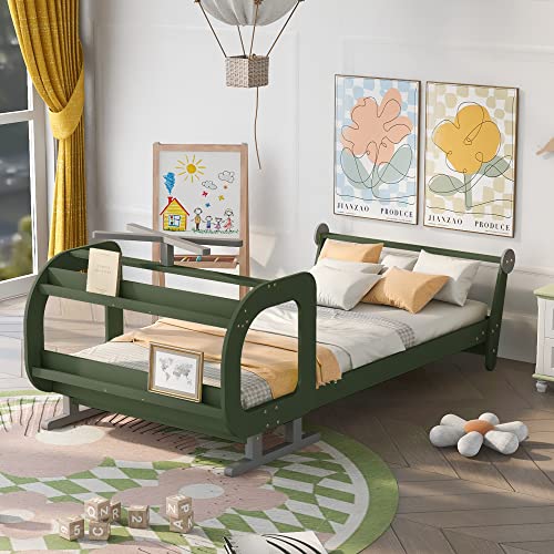 Goohome Twin Size Plane Shaped Platform Bed With Rotatable Propeller, Practical Floor Bed Frame Toddler, Toddler Bed With Shelves And Wood Slat Support, Interesting Design, Fit For Kids Boys Girls #TOP11