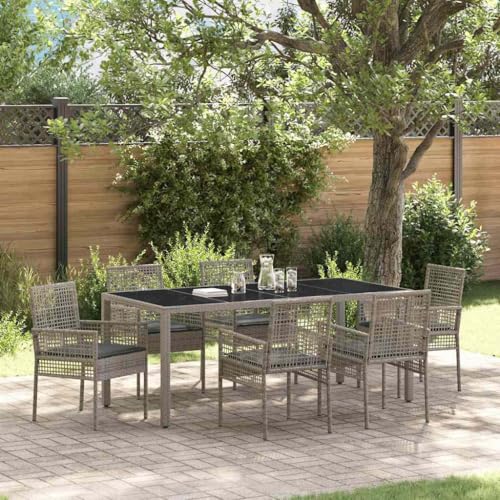vidaXL Grey Poly Rattan Dining Set - Outdoor 7-Piece Tempered Glass Table & Chairs - UV/Weather Resistant Garden/Patio Furniture - Image 3