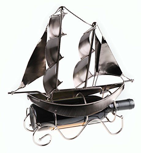 Clever Creations Metal Wine Bottle Holder, Vintage Figurine Wine Rack Décor for Tables, Shelves and Countertops, Sailboat