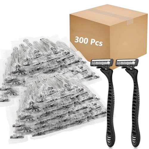 (300 Pack) Kheoxusa 3 Blade Disposable Razor,Three Blade Disposable Razor,Triple Blade Disposable Razor,Disposable Razor Individually Wrapped,Disposable Razor for Airbnb,Travel,Hotel,Tattoo-Grey Black